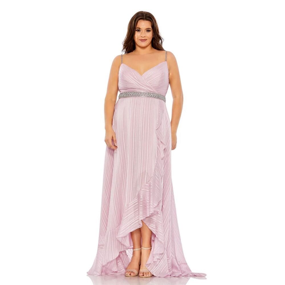 V-Neck Lavender Pink Evening Gown with Embellished Waist And Train